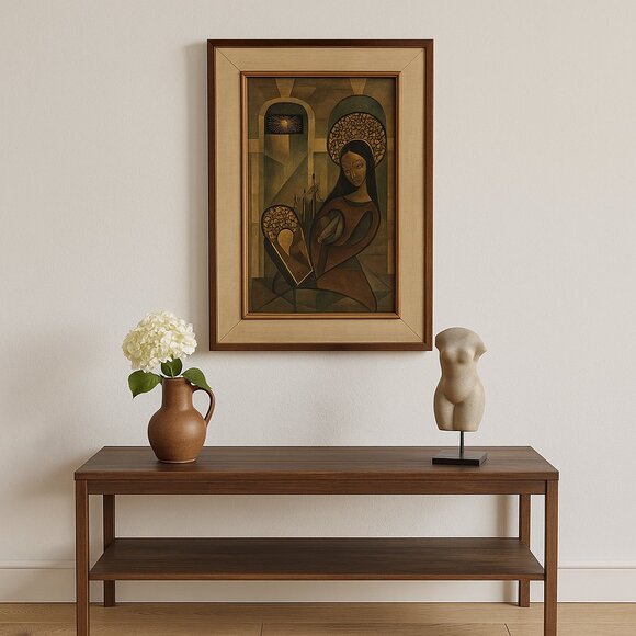 Mid-Century Modern Painting by Lou Christopher – Madonna & Child – Framed Art on - Picture 1 of 5